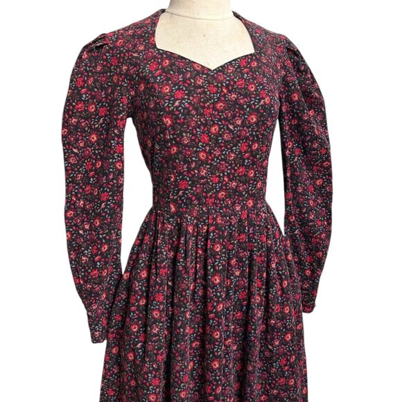 80s Vintage Laura Ashley Corduroy Dress Floral Cottage Preppy Puff Sleeve. - Picture 9 of 13